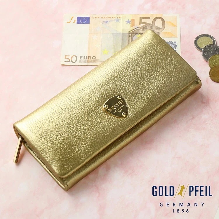 長財布 レディース 本革 かぶせ ブランド 革 ゴールドカラー 牛革 財布 カード 24枚 GOLD PFEIL レザー スナップボタン 小銭入れ 可愛い ゴールド 金色 金運 金運財布 母の日 ギフ