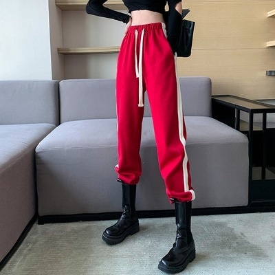 パンツ スウェット ルームウェア レディース ハイウエスト ロング ストレート シンプル 大人可愛い きれいめ カジュアル ライン オールシーズン ママ レッド ブルー グレー ブラック ボトムス