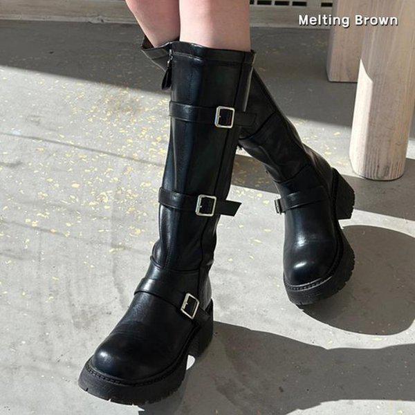 レディースミドルヒールブーツ ベルテッドロングブーツ MT21