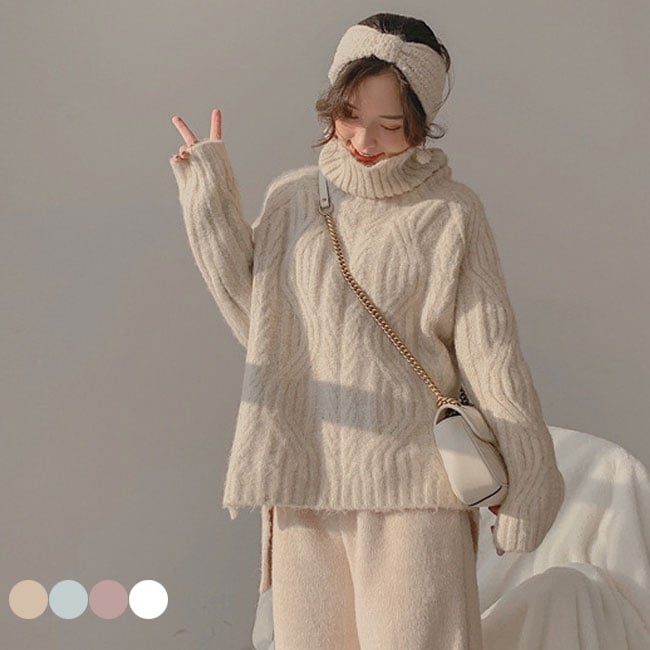 厚手 ニットセーター レディース ハイネック セーター ゆったり 厚手ニット ケーブル編み タートルネック おしゃれ 女性 ニット トップス 長袖 プルオーバー ホワイト ピンク ブルー