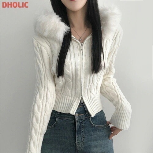 ダブルジップエコファーフードケーブルカーディガン