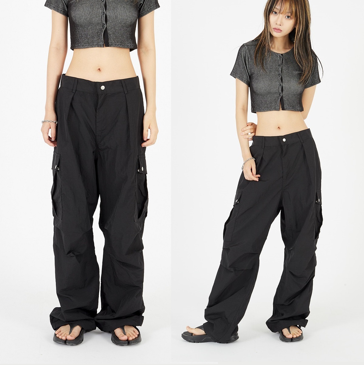【LE SSERAFIM着用】ピンタックナイロンスナップオーバーカーゴパンツ