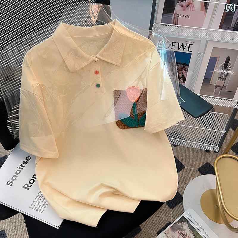 ポロシャツ レディース アメリカン レトロ コットン 半袖 Tシャツ 夏 ラグランスリーブ ベージュ