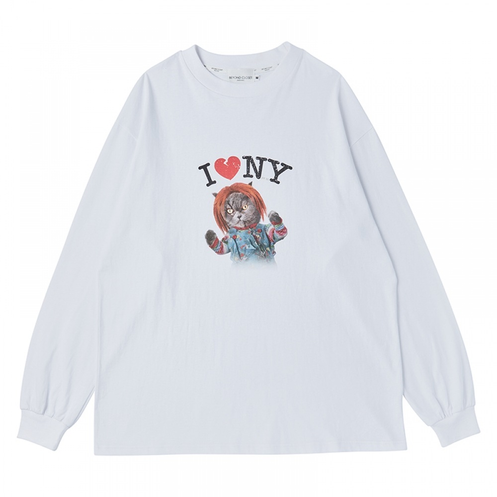 BEYOND CLOSET ニューボーイホラーキャットロングスリーブTシャツホワイト