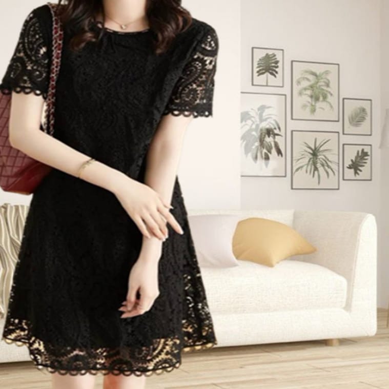 レディース スカート ワンピース ミニスカート レーススカート ミニ 半袖 ラウンドネック 襟なし Aライン フェミニン レース レースアップ 透け感 薄手 かわいい 大人可愛い きれいめ シンプル 5,206円