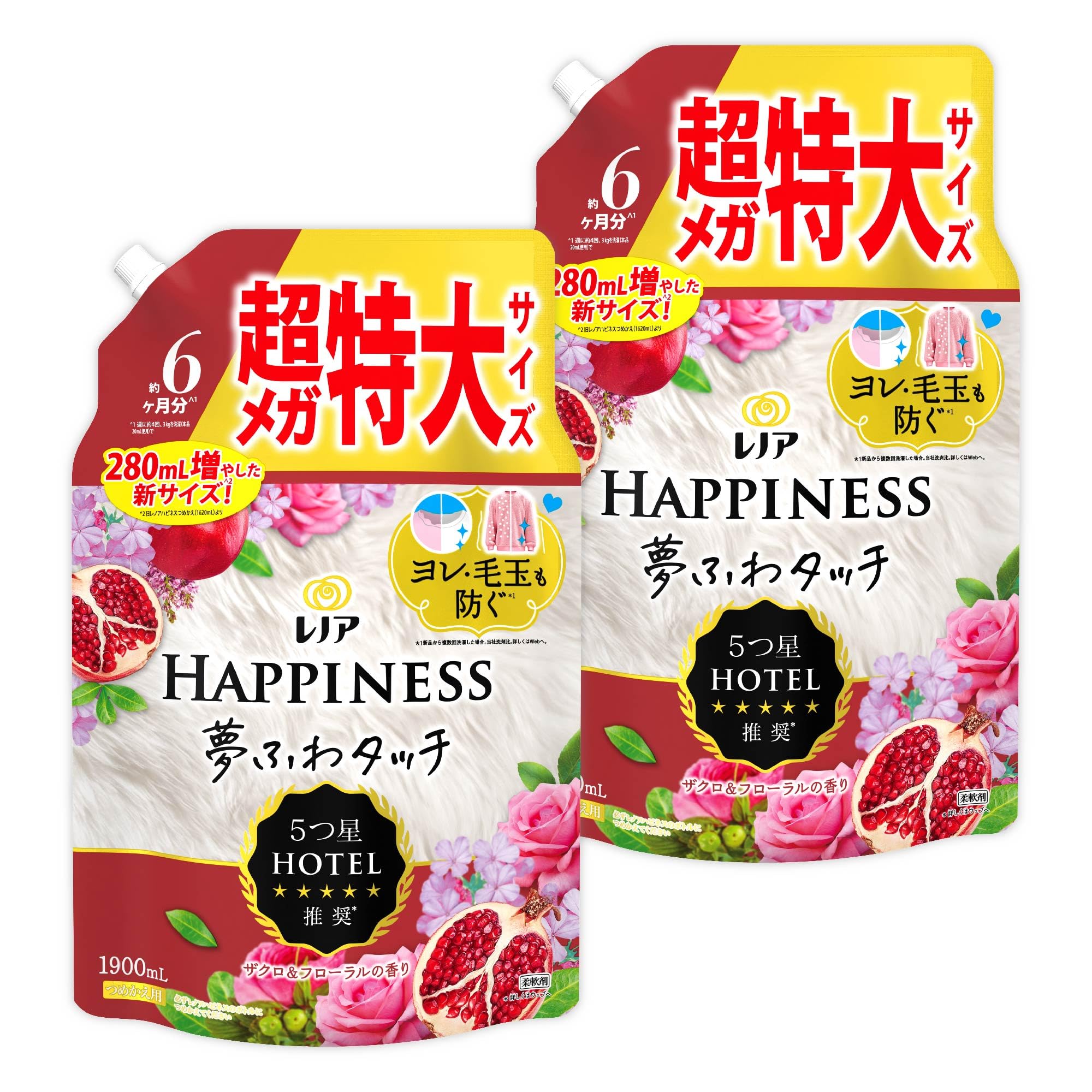 レノア 【まとめ買い】[大容量] ハピネス 夢ふわタッチ 柔軟剤 ナチュラルシリーズ ザクロ＆フローラル 詰め替え 1,900mL×2袋