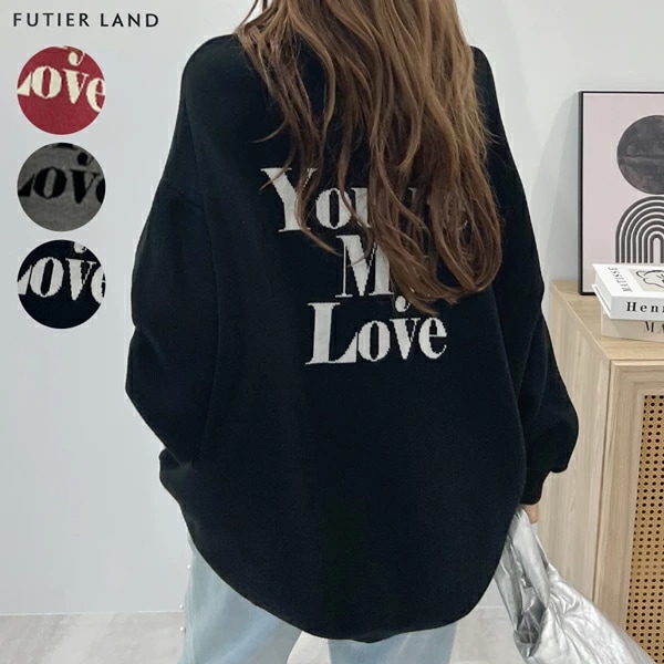 ニット ロゴニット オーバーサイズ お尻が隠れる丈感 体型カバー ゆったり リラックスニット バックロゴ 落ち感 レディース カジュアル 韓国ファッション オフィスカジュアル / Myloveオー