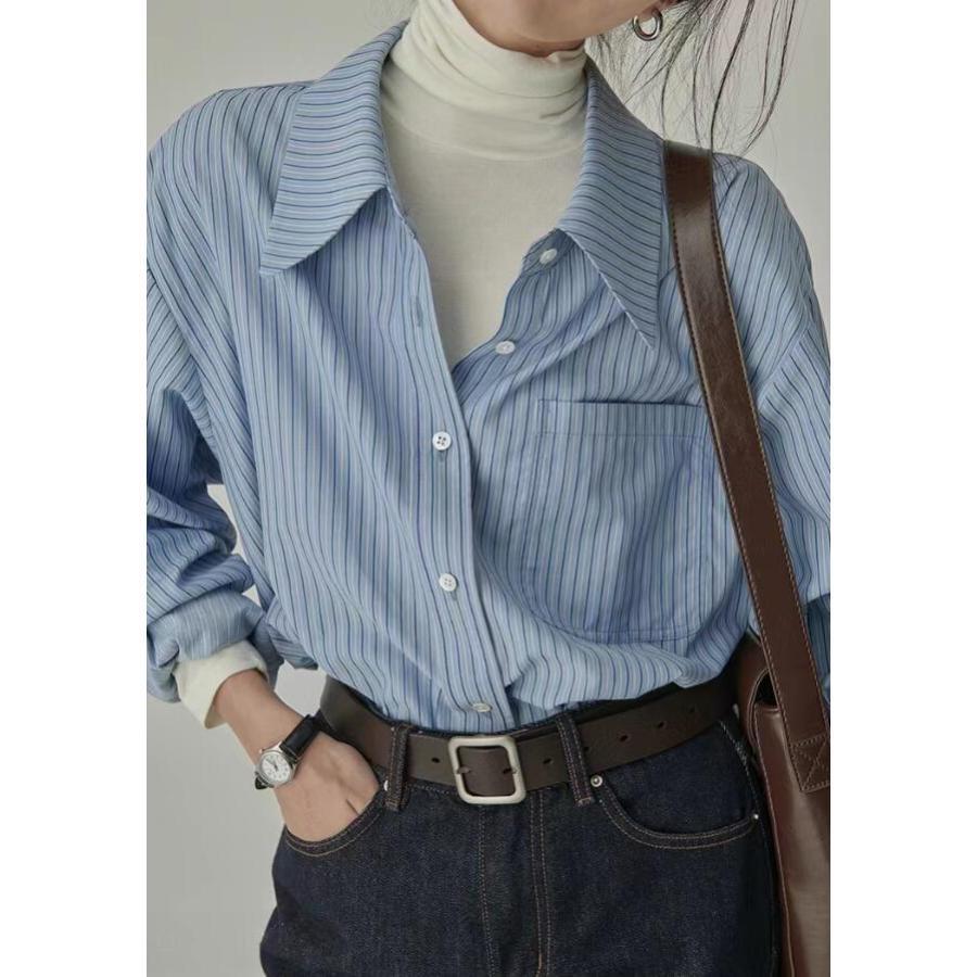 シャツ ブラウス レディース 長袖 ブラウス ストライプ 前開き カジュアル 通勤 ビジネス 体型カバー きれいめ OL 春 夏 秋 20代 30代 40代 50代