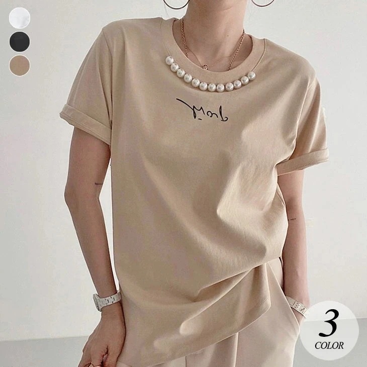 【2025新作 急速出荷】パール付き ロゴ 半袖 Tシャツ トップス カットソー クルーネック レディース 無地 プリント 可愛い 上品 大人可愛い カジュアル きれいめ ガーリー ベーシック シンプ