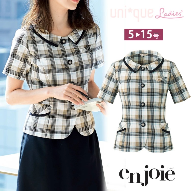 アンジョア レディース 半袖 オーバーブラウス 26665 春夏 透けにくい 高通気 チェック シャツ ソフトジャケット オフィス ユニフォーム 制服 通勤 事務服 OL 夏服 接客 ジョア