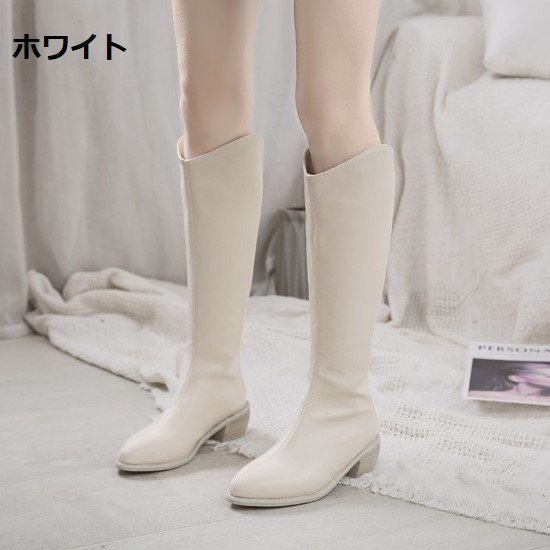 【取寄：納期2週間】ロングブーツ レディース ブーツ 靴 シューズ シンプル 無地 太ヒール ポインテッドトゥ カジュアル お出掛け きれいめ 美脚 バックジッパー ミドルヒール 秋冬 ロング丈