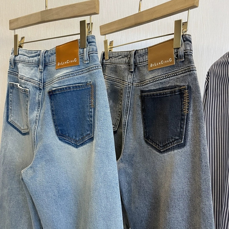 11 怒りを押す！上半身の効果は実際には突き出されていませんデザインは対照的なカラーポケットステッチストレートワイドレッグスリミングジーンズの女性のためのスリミングジーンズをファイバ1.5％ス 8,165円