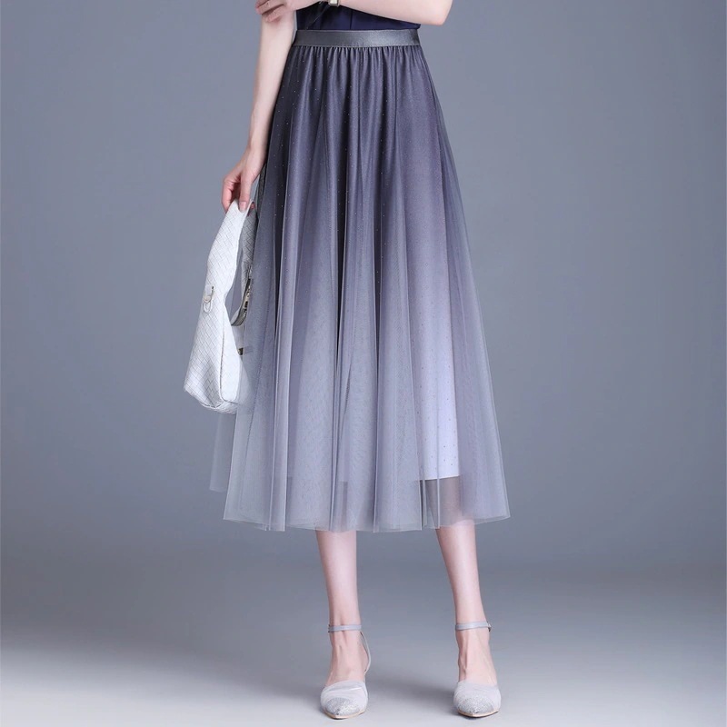 ファッショングラデーション色ネット糸半身スカート新型Aラインプリーツスカート ロングスカート