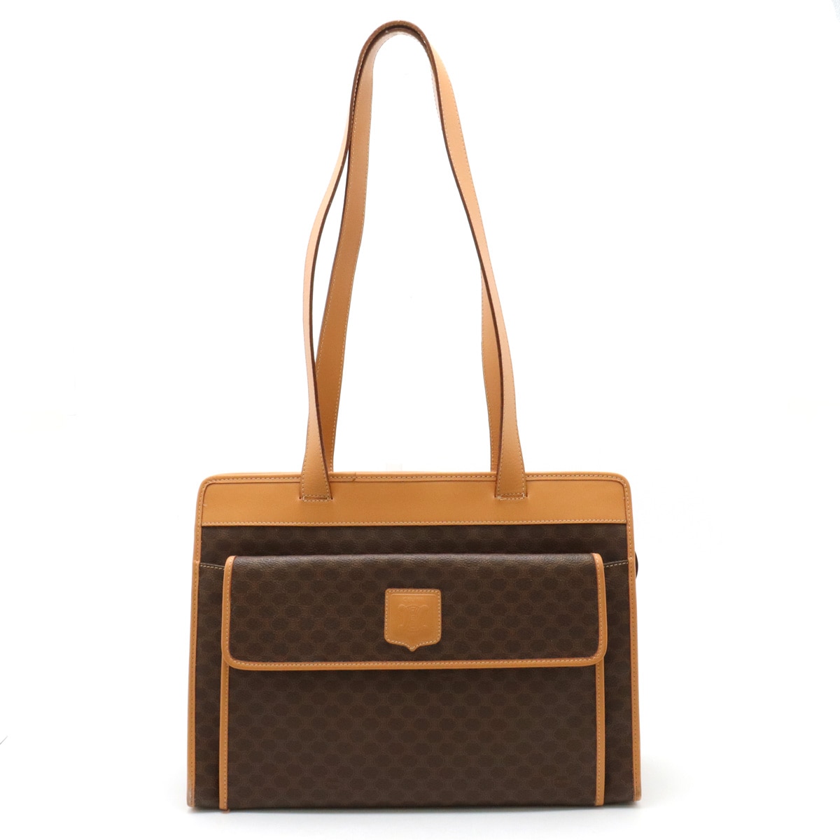 マカダム柄 トートバッグ ショルダーバッグ セミショルダー PVC レザー ダークブラウン ブラウンベージュ系 ゴールド金具