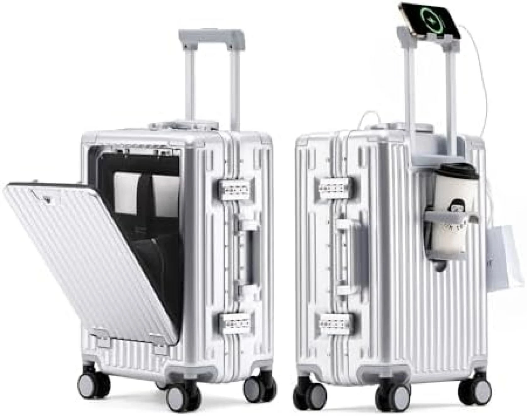スーツケース フロントオープン 機内持ち込み ストッパー付き キャリーケース USBポート付き キャリーバッグ トップオープン カップホルダー付き パソコン収納ポケット ワンタッチで開く トロリ