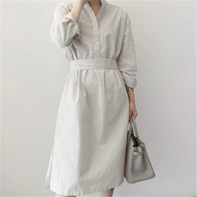 韓版新作ワンピース セミロング ノースリーブ 長袖ストライプ柄 シャツワンピース おしゃれ流行りキャミワンピース