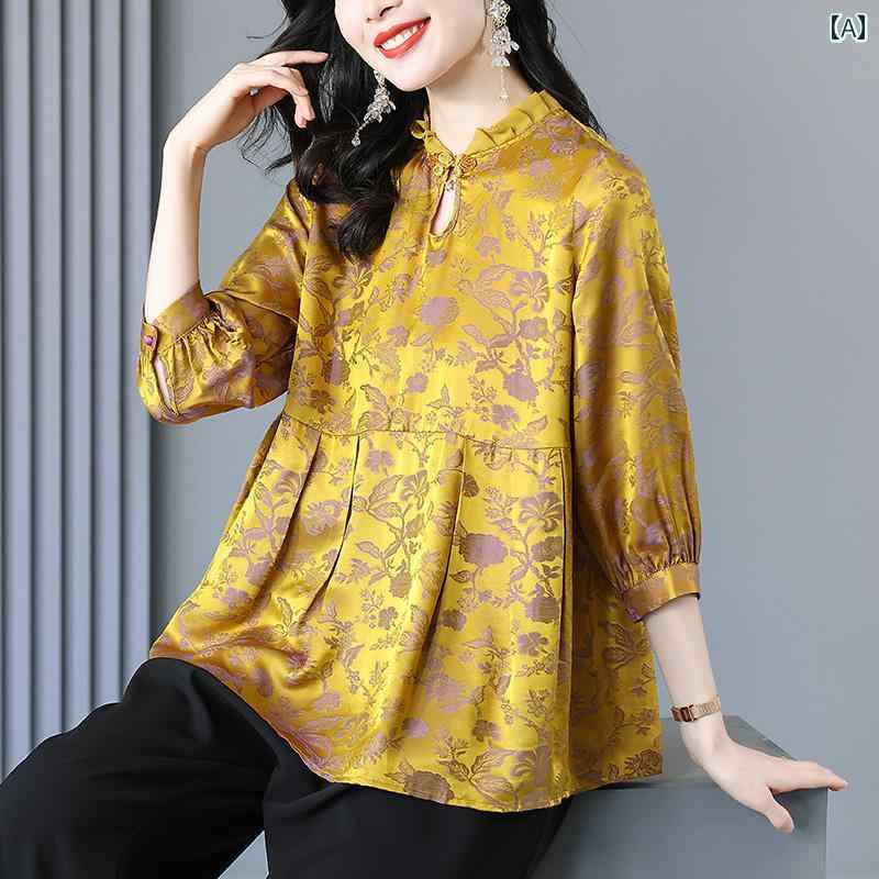シャツ レディース 夏 ゴールド 高貴 豪華感 トップス 伝統 チャイナ風 エレガント レディース ブラウス