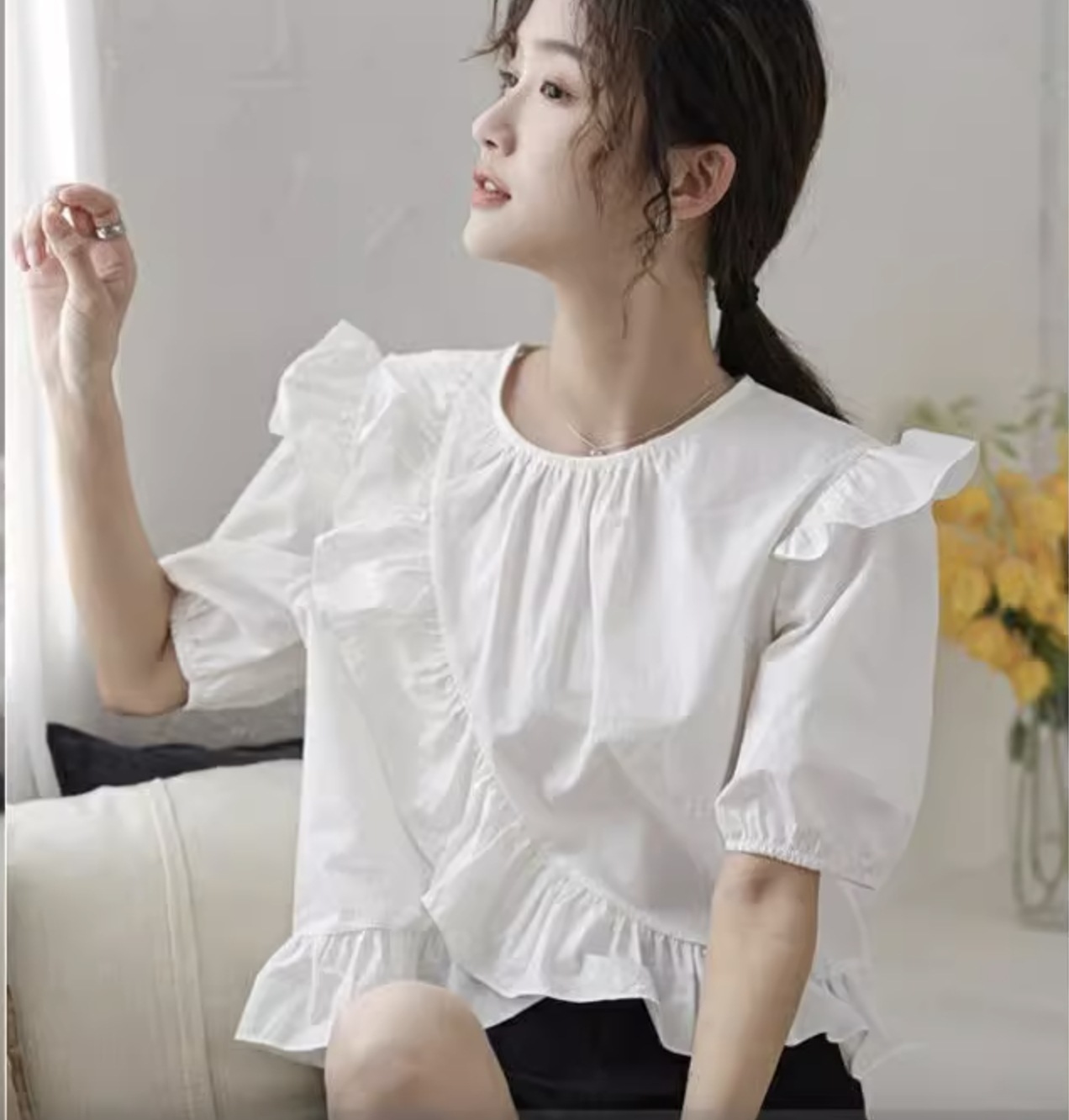 トップス レディース シャツ ブラウス プルオーバー きれいめ 個性的 夏服 五分袖 二の腕カバー フリル袖 ぽわん袖 クルーネック 丸首 Uネック ラウンドネック カシュクール フレア セミフレア