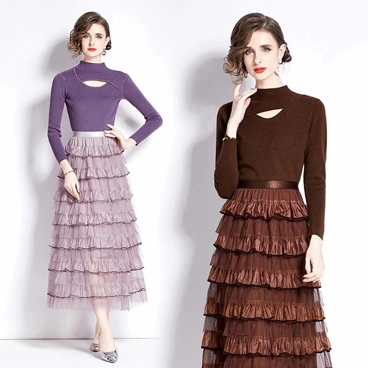 急速出荷2025新作 韓国風2点セットレディース セーター セットアップ セーター トップス タイト 上下セット ロング ワンピース ギャザー 長袖 スリット カジュ