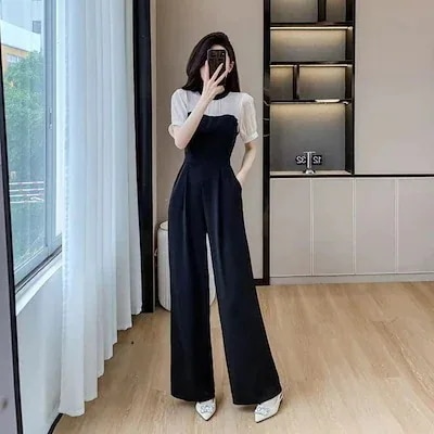 セレブ ハイウエストワイドパンツ2025夏品軽熟気品修身顕細黒パンツ夏