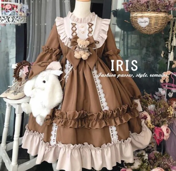 春秋レディースブラウンロリータブルー可愛いロリータワンピースレディースファッションワンピース