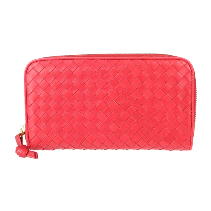 美品 BOTTEGAVENETA ボッテガヴェネタ 長財布 114076 イントレチャート レザー レッド系 ラウンドファスナー 本物保証 中古