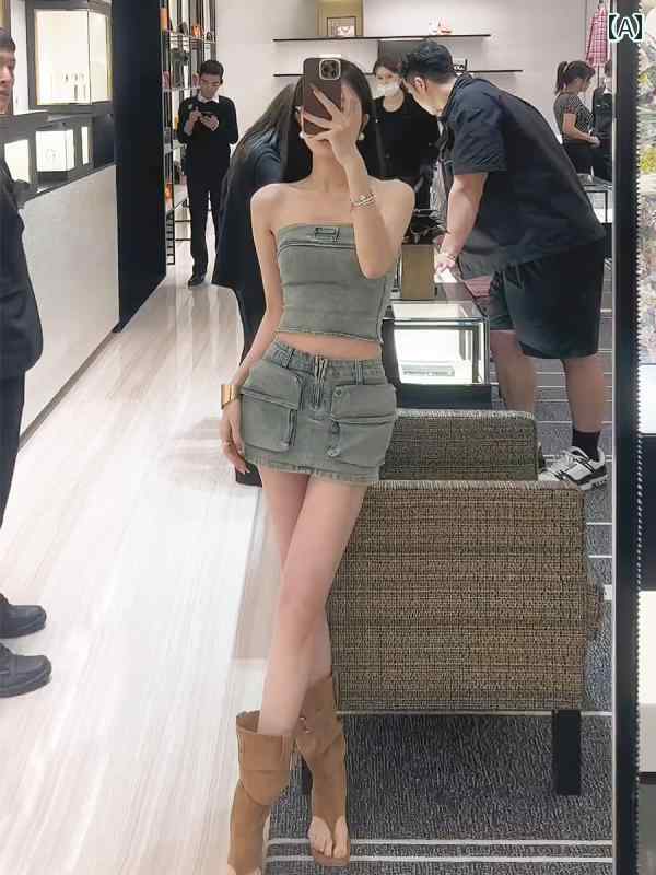 レディース　ドレス　ワンピース アメリカン ホット ガール デニムスーツ 女性 夏の 魅惑的 チューブ トップ ハーフ 丈 スカート レトロ ツーピース スーツ