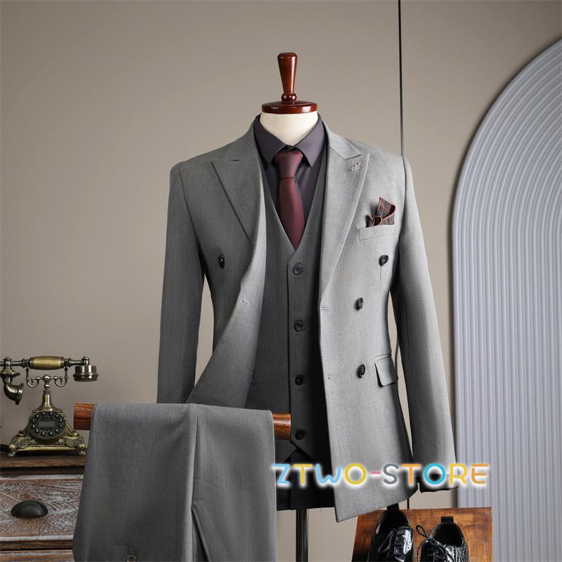 タキシード 3ピース メンズ ストライプ ダブルボタン 結婚式 二次会 式 卒業式 就職活 春秋冬 ビジネスフォーマル