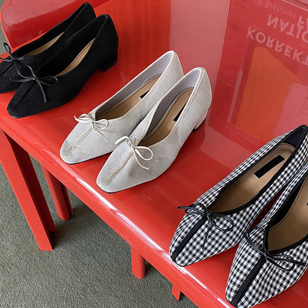 バレエシューズ パンプス りぼん リボン フラット レディース 黒 ブラック チェック アイボリー