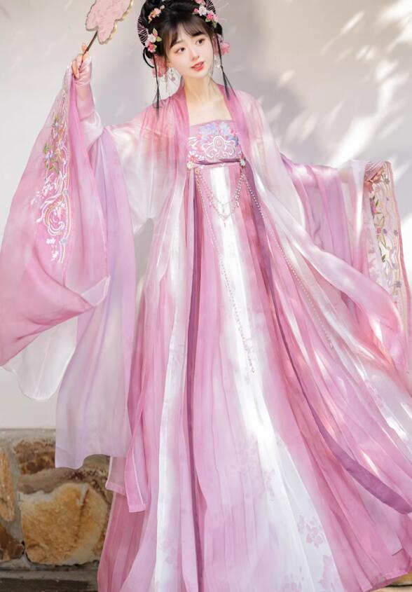 華やか漢服3点セット 振袖の羽織付き レディース 中国古代服装 グラデーションのピンク 紫 可愛い蝶と花 刺繍 唐朝 宮廷 お姫様 貴妃 皇后 中華コスプレ衣装 チェーン付き ストール付き 華流 ハロ