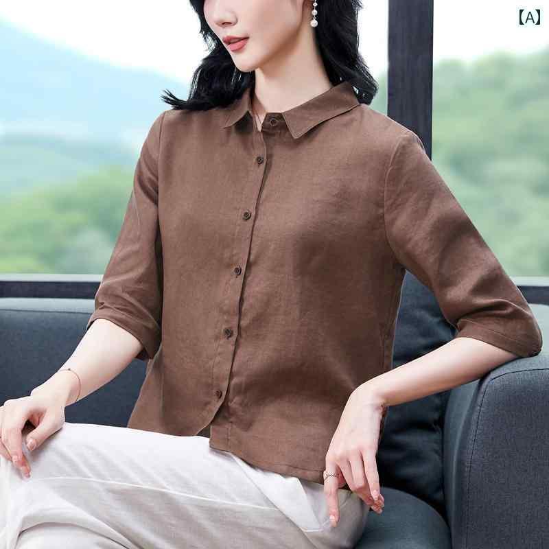 レディース　　シャツ　トップス Kozoff夏 トップス リネン 文学 シンプル シャツ レディース ハイエンド スリム 通勤