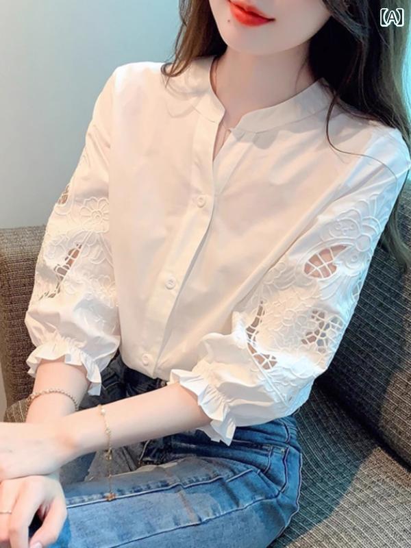 Yシャツ　無地　シンプル 女性用 ホワイト シフォンシャツ 春秋 薄手 2025 フレンチ 七分袖 シャツ トップ