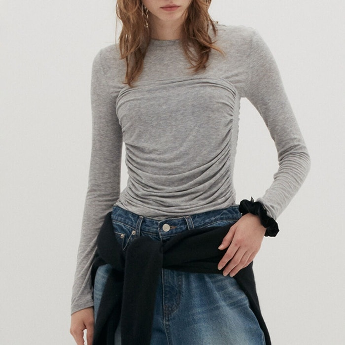 【LOW CLASSIC】 LOGO-PATCH WOOL JERSEY SHIRRING TOP : 3COLOR