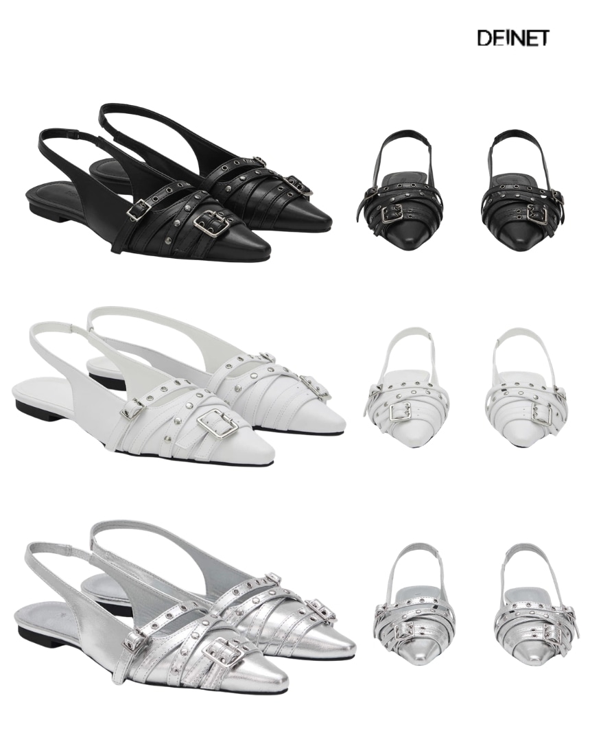 韓国限定 人気 ファッシ ョントレンド フラット シューズ 単 靴 ミュールサンダル BUCKLE STUD AND EYELET SLINGBACKS (3色)
