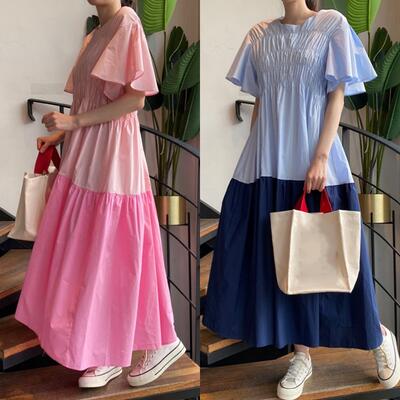 ティアード ワンピース ロング カジュアル おしゃれ ロング丈 半袖 レディース 可愛い ワンピ ドレス バイカラー フレアスリーブ Aライン 涼しい 二の腕カバー ブルー ピンク 春 夏 秋 4,779円