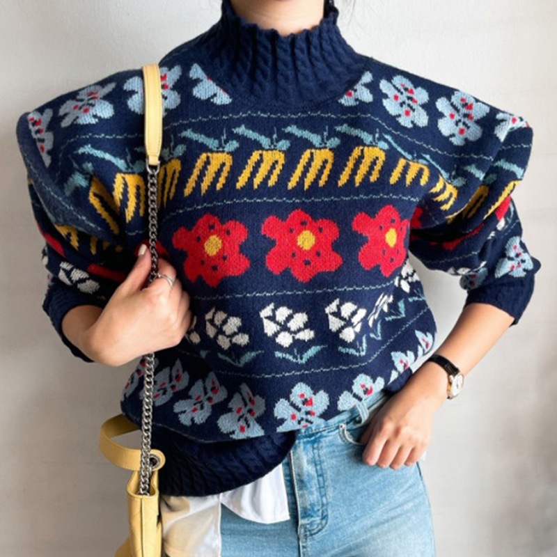 フラワーニットセーター 花柄 長袖プルオーバーニット ニット セーター ハーフハイカラー 韓国 シック 秋冬 ２カラー. a3828
