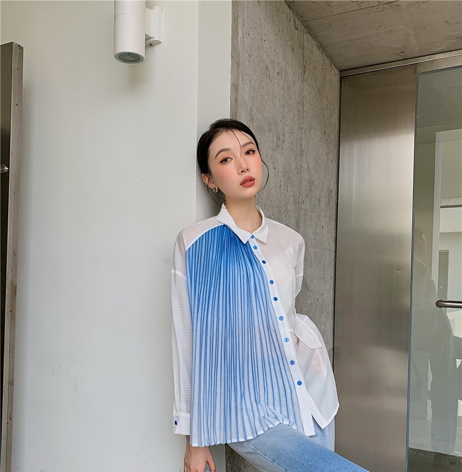 シャツ レディース 透け感 シアー 長袖 プリーツ アシンメトリー 大人可愛い