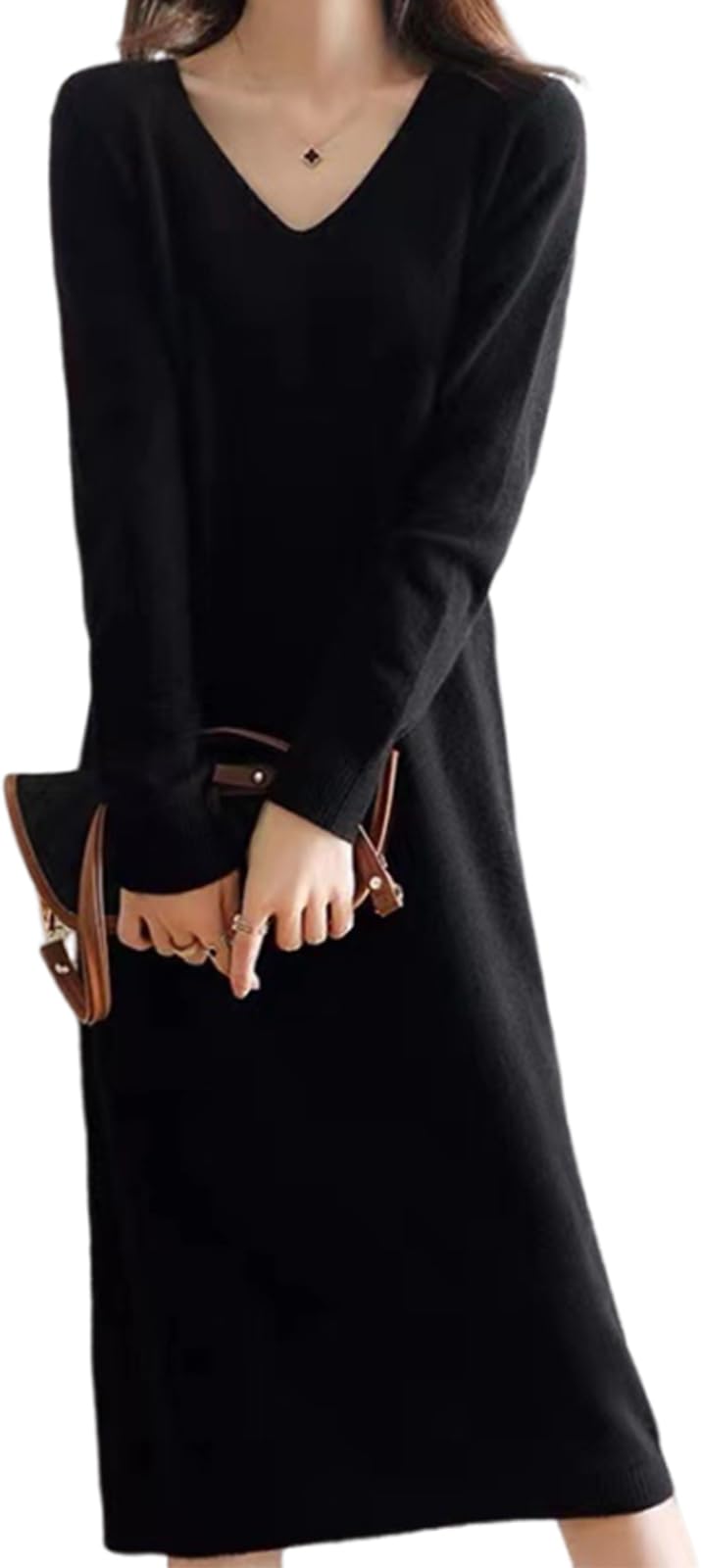[MARIA MARFA] Vネック ふんわり ニット ワンピース ロングワンピ マキシ丈 大人 上品 秋 冬 セーター 長袖 自然 ブラックワンピース m ブラック 4A-M15-BKM