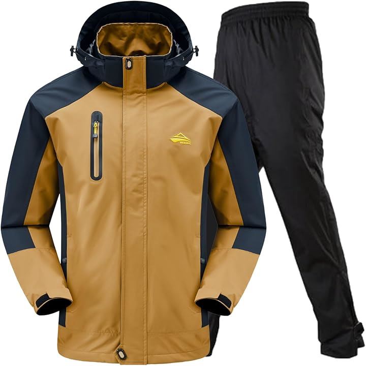 大雨でも快適 アウトドアジャケット 上下セット メンズ 登山 レインウェア 釣り バイク レインパンツ マウンテンパーカー 防水 撥水 雨具(2.ブラウン (防水レインパンツ), M)