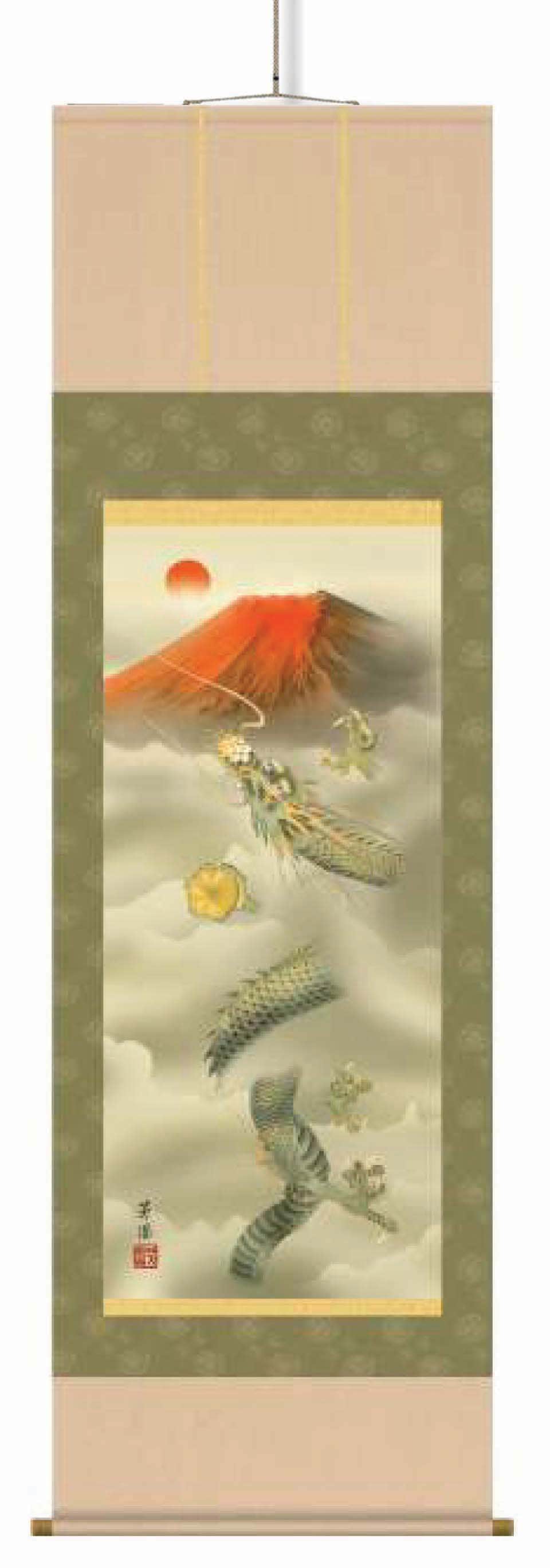 石田芳園掛軸(尺幅)「赤富士龍神図」　化粧箱(紙)収納