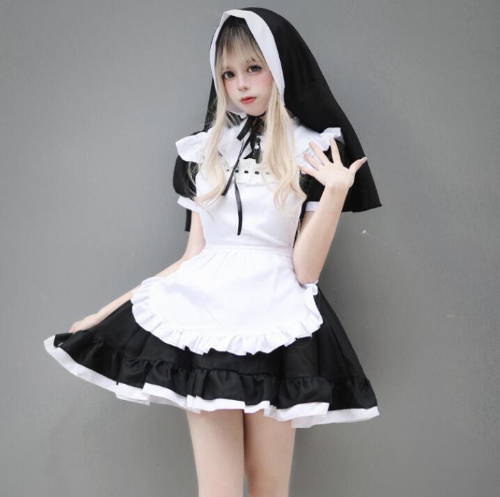 迅速な出荷 ハロウィン コスプレ レディース 大人 メイド服 シスター 修道女 聖女 仮装 コスチューム メイドコス 半袖 膝丈 ショート丈 裾フリル メイド服 修女 シスター 制服 コスプレ衣装 ブ