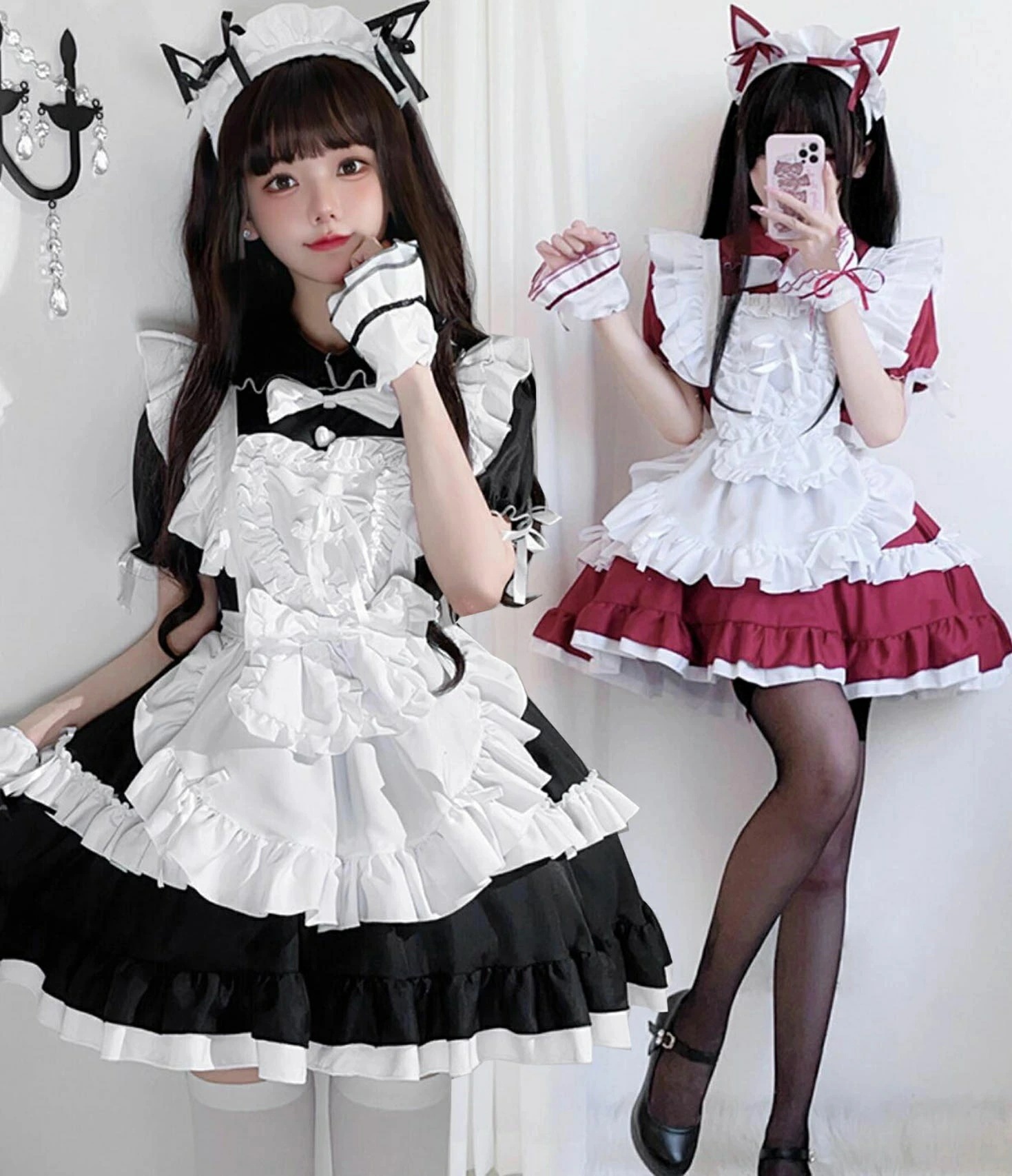 【新作登場 最安値】メイド服 ワンピース 半袖 5点セット 膝丈 髪飾り エプロン付き セクシー 裾フリル 萌え萌え イベント パーティー 可愛いコスチューム 文化祭 学園祭 ロリータファション ロ