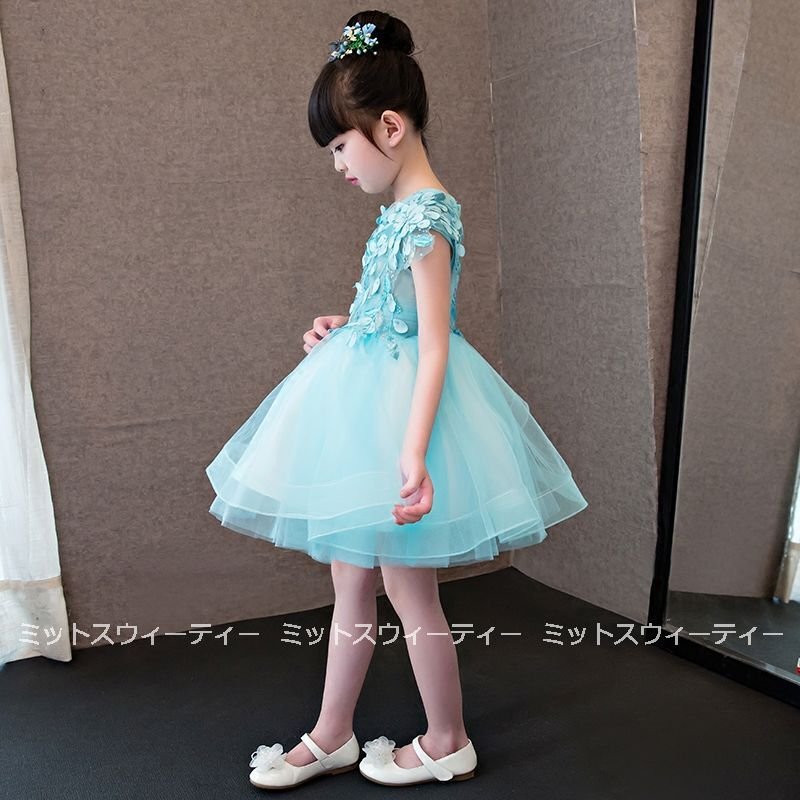 子供 ドレス ピアノ発表会 女の子 子供ドレス ワンピース 衣装 リーフ ブルー 結婚式 コンクール