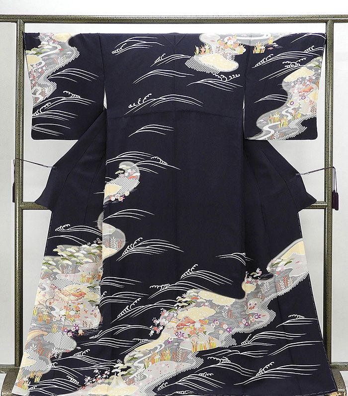 訪問着 新品仕立済 正絹 家屋四季花立浪模様 訪問着 小難あり 身丈166.5cm 裄丈67.5cm