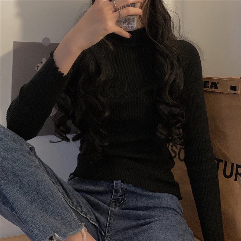 トップス カットソー 袖あり 長袖 ハイネック タートルネック スリム タイト Iライン リブ 薄手 大人女子 個性的 ホワイト レッド ブラック ブラウン オレンジ S M L XL クール