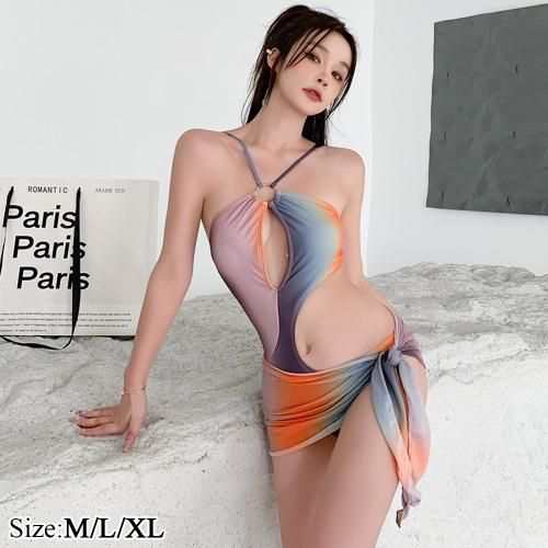【グラシア】 水着 レディース ビーチウェア スイムウェア 流行 海 プール ワンピース カット ホルターネック 華奢 鮮やか ビキニ 胸元 大胆 パープル×グレー×オレンジ M L XL