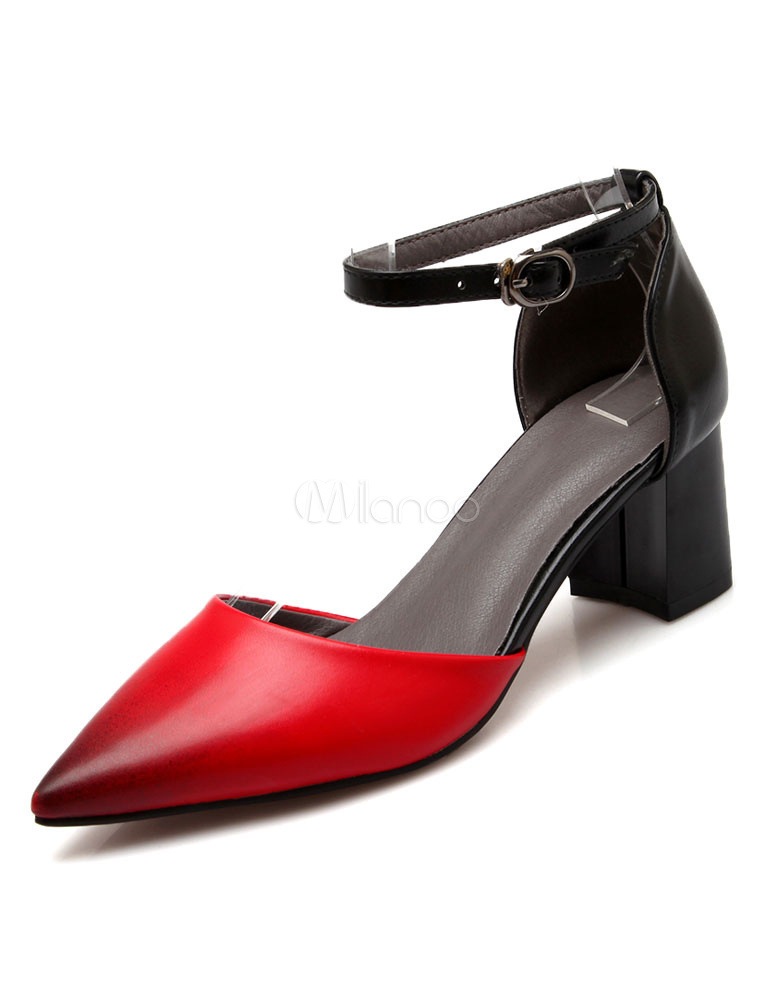 女性のためのレッドポインテッドトゥPUレザーミッドローハイヒール