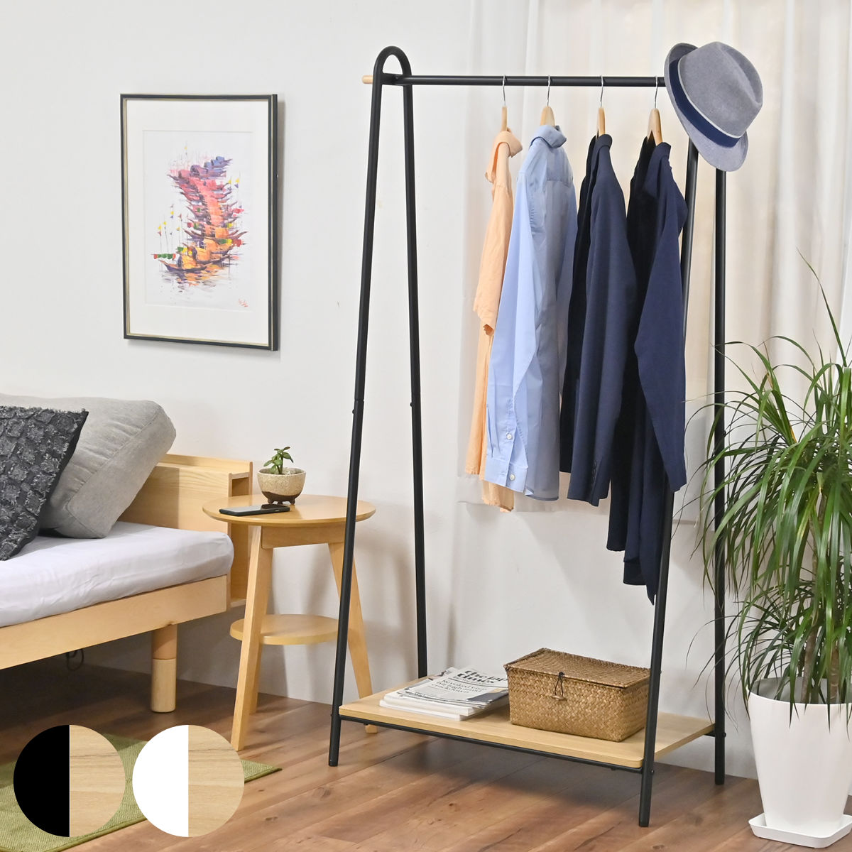 ハンガーラック 棚付 A型 スチールフレーム 幅92cm アジャスター付き ポールハンガー コートハンガー 省スペース 収納 ハンガーポール コート掛け 玄関収納 ブラック ホワイト