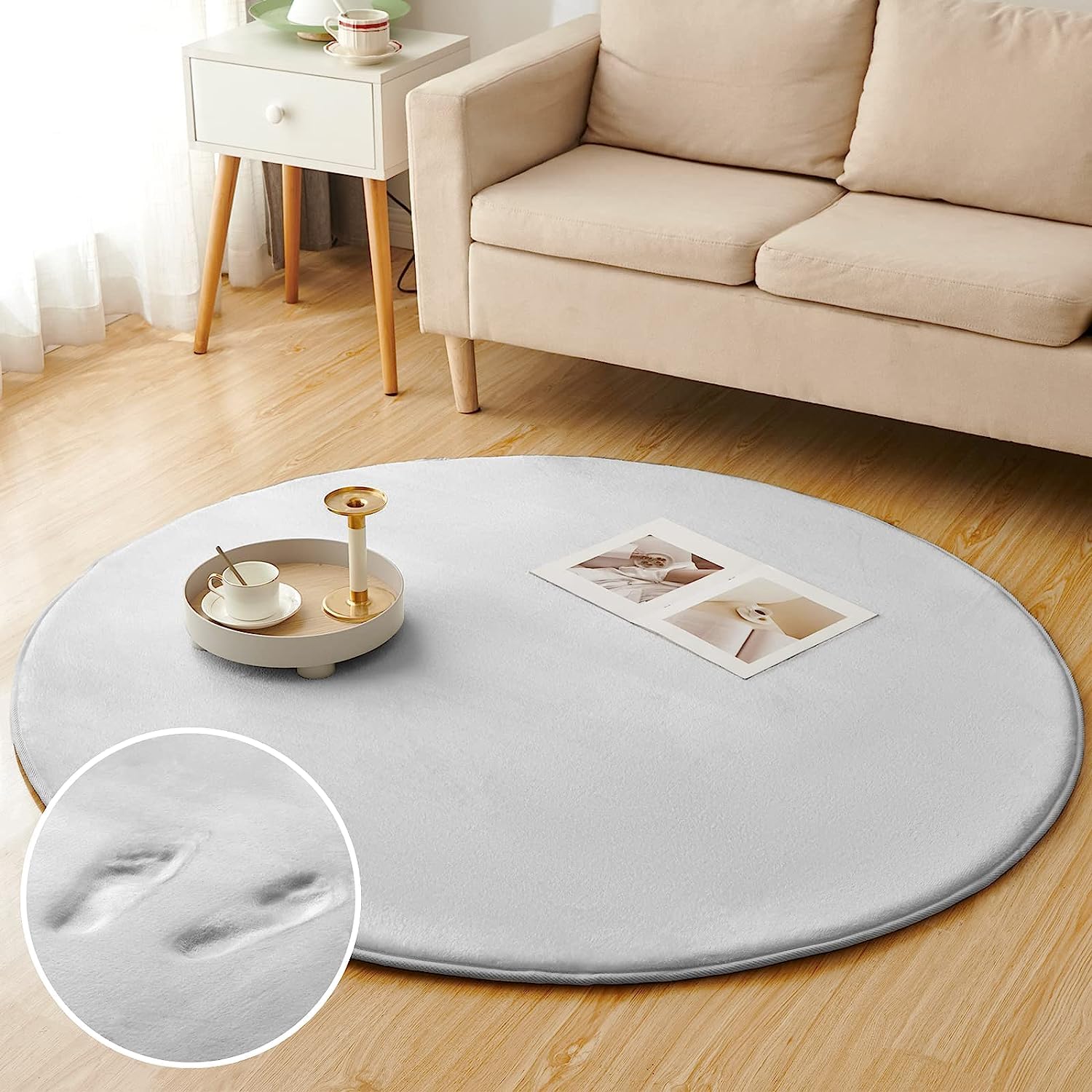 Sun Deco ラグ カーペット 低反発 ラグマット 円形 極厚 直径140cm オールシーズン 滑り止め付 抗菌 防臭 防ダニ 踏み心地ふわふわ 厚手 フランネルラグ 丸 接着剤不使用 床暖房 ホ