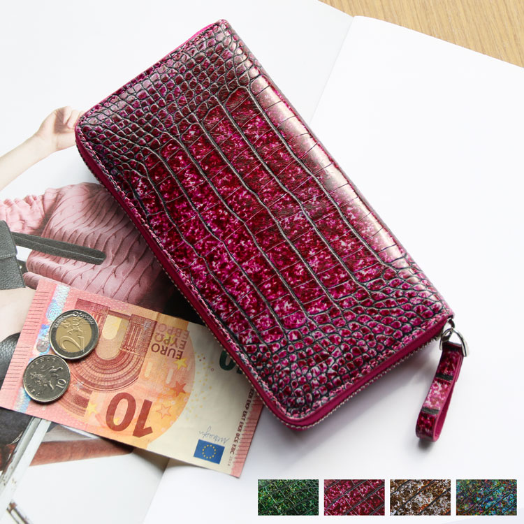 クロコダイル 長財布 レディース ラウンドファスナー 財布 本革 鰐革 ワニ革 手染め加工 フランスクロコダイル 手染め お洒落 オシャレ 婦人財布 高級感 艶 美しい 母 女性 母の日 ギフト プレ